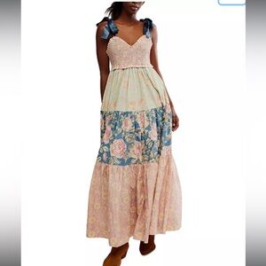 Free People Cream and Blue Tiered Maxi Skirt Resort Wear